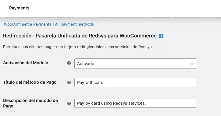 Redsys virtual POS settings in WooCommerce